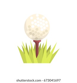 Golf ball on a tee tee in green grass, golf sport equipment cartoon vector Illustration