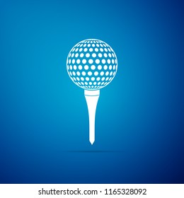 Golf ball on tee icon isolated on blue background. Flat design. Vector Illustration