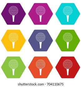 Golf ball on a tee icon set many color hexahedron isolated on white vector illustration