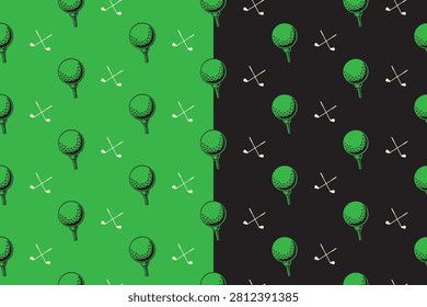 Golf ball on tee pattern on black green background set. Golf tee and crossed clubs hand drawn seamless pattern background. Golf equipment vintage engraved motif wallpaper