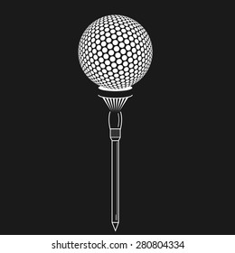 Golf ball on tee realistic vector illustration. Vector golf ball on black background. Golf tee of Engraving style with ball