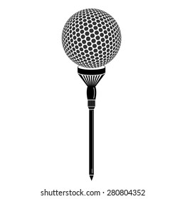 Golf ball on tee realistic vector illustration. Vector golf ball on black background. Golf tee of Engraving style with ball