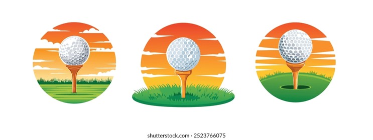 Golf ball on a tee, set against a vibrant sunset on the field. Perfect for golf enthusiasts and sport-related designs, showcasing outdoor competition and leisure.