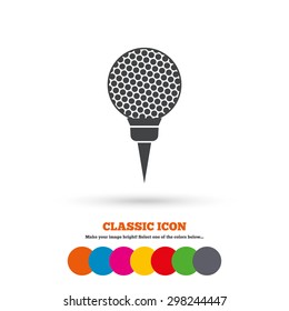 Golf ball on tee sign icon. Sport symbol. Classic flat icon. Colored circles. Vector