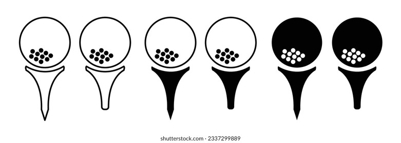 Golf ball on tee vector icon set in black filled and outlined style.