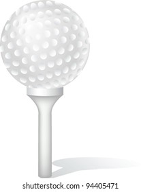 Golf ball on tee on white background