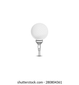 Golf ball on white tee realistic vector illustration isolated. Vector golf ball isolated on white. Golf tee of Engraving style with ball