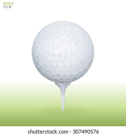 Golf ball on white tee. Vector sport object for graphic idea.