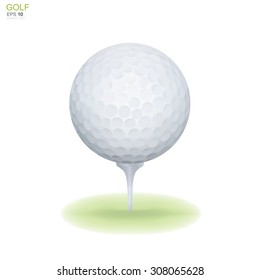 Golf ball on white tee. Vector sport object for graphic idea.