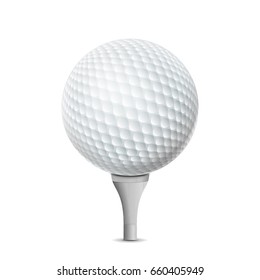 Golf Ball On White Tee. Vector Realistic Illustration Isolated
