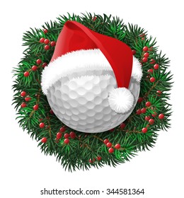Golf ball over evergreen holiday wreath decorated with red berries. Funny face in eyeglasses. Vector isolated illustration