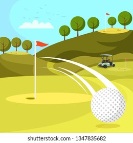 Golf Ball Passing by Hole on Countryside Course with Flags. Professional Playing Field for Competitions and Tournaments with all Attributes and Equipment. Golf Cart on Grass. Flat Vector Illustration.