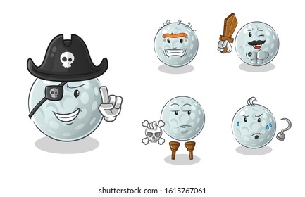 golf ball pirate 5 styles cartoon.  including eye patches, wooden swords, skulls and hooks. cute chibi cartoon mascot vector