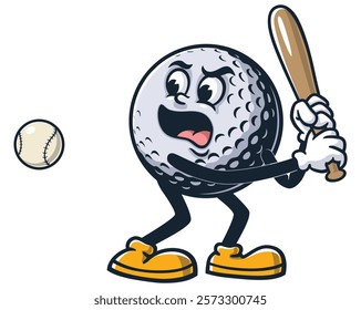 Golf Ball playing baseball,     Cartoon Character Mascot Illustration Vector Clip-art Hand-drawn Logo Design