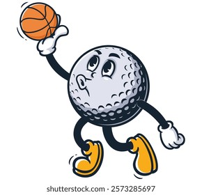 Golf Ball playing slam dunk basketball,       Cartoon Character Mascot Illustration Vector Clip-art Hand-drawn Logo Design