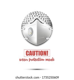 Golf ball with a protection mask. Caution! wear protection mask. Stop coronavirus covid-19 outbreak. Risk disease. Cancellation of sports tournaments. Pattern design. Vector illustration