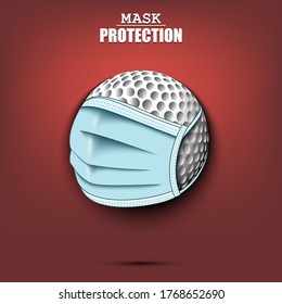 Balón de golf con máscara de protección. ¡Cuidado! usar máscara de protección. Enfermedad de riesgo. Cancelación de torneos deportivos. Diseño de patrones. Ilustración del vector