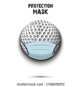 Golfball mit Schutzmaske. Vorsicht! Schutzmaske tragen. Risikokrankheit. Stornierung von Sportturnieren. Musterdesign. Vektorgrafik