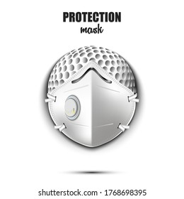 Balón de golf con máscara de protección. ¡Cuidado! usar máscara de protección. Enfermedad de riesgo. Cancelación de torneos deportivos. Diseño de patrones. Ilustración del vector
