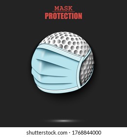 Golf ball with a protection mask. Caution! wear protection mask. Risk disease. Cancellation of sports tournaments. Pattern design. Vector illustration