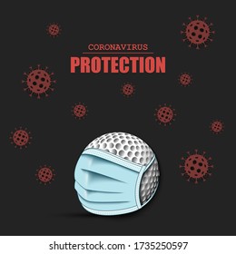 Golf ball with a protection mask and cells coronavirus bacteriums. Stop covid-19 outbreak. Caution risk disease 2019-nCoV. Cancellation of sports tournaments. Pattern design. Vector illustration
