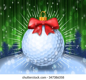 Golf ball with red bow on colorful background. Holiday greeting card example. Vector illustration