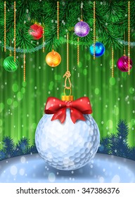 Golf ball with red bow on colorful background. Holiday greeting card example. Christmas evergreen pine with tinsel and baubles. Vector illustration