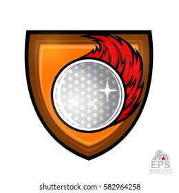 Golf ball with red fire trail in center of shield. Sport logo for any team or championship isolated on white