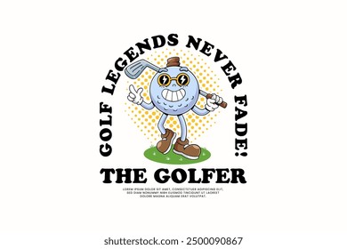 golf ball retro cartoon character mascot illustration wearing a hat and sunglasses with walking pose and holding  stick golf on green field for golf club and tournament mascots and merchandise