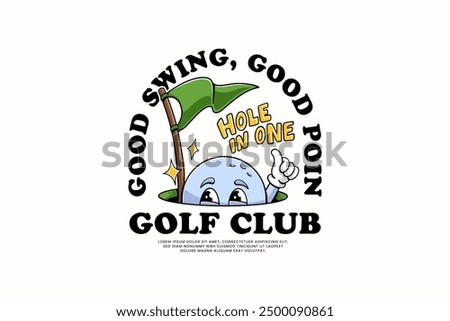 golf ball retro cartoon character mascot illustration being in the golf hole and giving a thumbs up with hole in one text for golf club and tournament mascots and merchandise