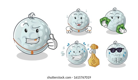 golf ball rich man 5 styles cartoon.  including holding money, gold necklaces, money bags, sunglasses. cute chibi cartoon mascot vector