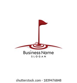Golf ball in right on target hole logo vector. With flag on target board in the field. Icon illustration for golfer club & community design, sport & hobby activity, focus on professional golf training