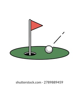 Golf ball rolling into the hole with red flag vector illustration