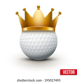 Golf ball with royal crown. King of sport. Isolated on white. Traditional form and color. Realistic Vector illustration.