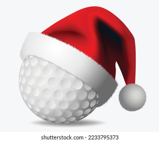 Golf ball and Santa Claus hat. Merry christmas Card - vector design illustration on white Background