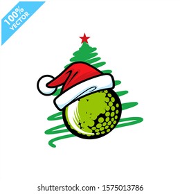 Golf ball santa hat with christmas tree background logo vector