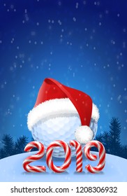 Golf ball with santa hat on it  with candy cane numbers of 2019 new year holiday on blue snowy background. Vector illustration