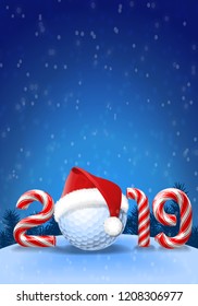 Golf ball with santa hat on it  with candy cane numbers of 2019 new year holiday on blue snowy background. Vector illustration
