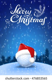 Golf ball and santa red hat on snow with blue background and snowflakes and greeting text. Colorful vector illustration