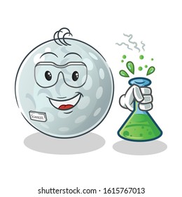 golf ball scientists hold chemical tubes and wear glasses cartoon. cute chibi cartoon mascot vector