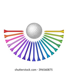 Golf ball with set of rainbow colored tee top view vector isolated illustration