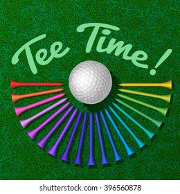 Golf ball with set of rainbow colored tee on the green grass top view vector illustration