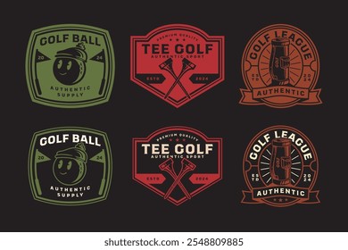 golf ball smile, flag, tee, stick, bag retro badge logo design set for golfer, golf club, professional team, sport and tournament. golf club, ball, pin, flag, leather pouch emblem illustration logo