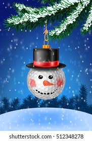 Golf ball snowman head christmas bauble on christmas tree with snow on evergreen branches. Vector illustration on blue background with snow