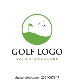 Diseño del logo del campo de golf y del palo de golf. Logo para equipo profesional de golf, club de golf, torneo, negocios, evento.