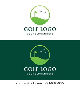 Golf ball and stick and golf course logo design. Logo for professional golf team, golf club, tournament, business, event.