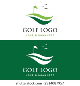 Golf ball and stick and golf course logo design. Logo for professional golf team, golf club, tournament, business, event.