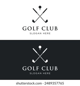 Pelota de golf y palo y diseño de logotipo del campo de golf. Logo para equipo de golf profesional, club de golf, torneo, negocio, evento.