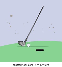 Golf Ball And Stick With Hole in green field with grey background