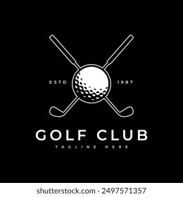 Pelota de golf y palo y golf, diseño de Vector de golf del logotipo con el fondo negro